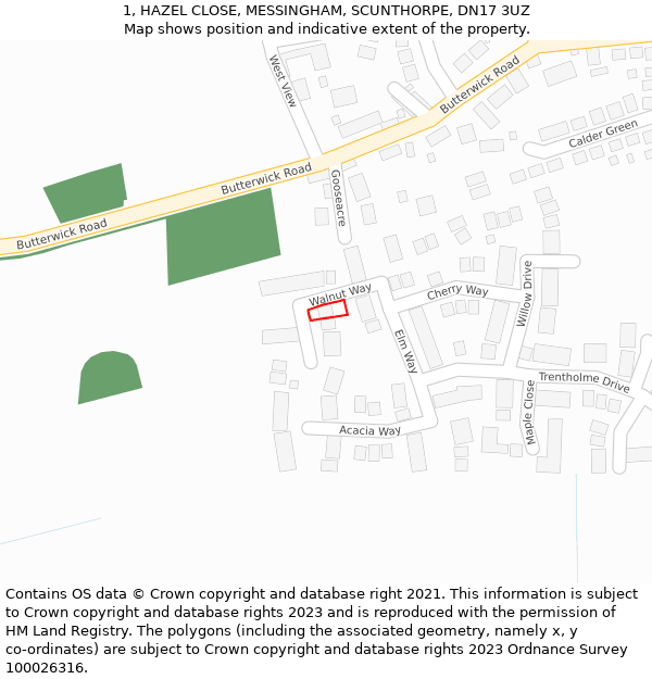 1, HAZEL CLOSE, MESSINGHAM, SCUNTHORPE, DN17 3UZ: Location map and indicative extent of plot
