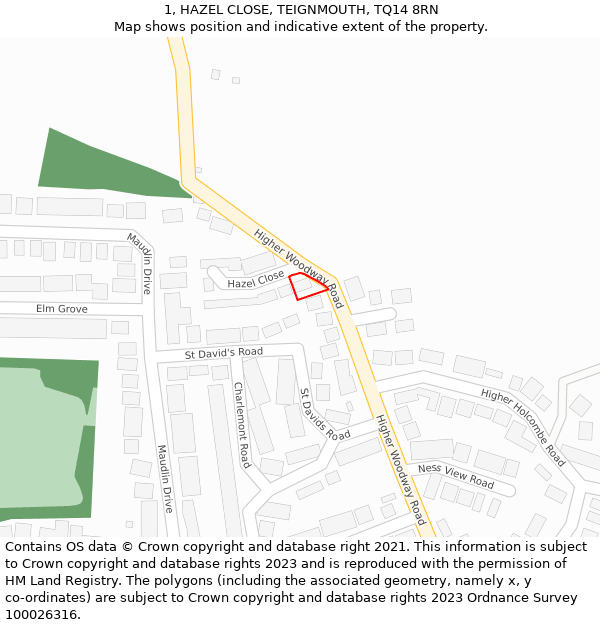1, HAZEL CLOSE, TEIGNMOUTH, TQ14 8RN: Location map and indicative extent of plot