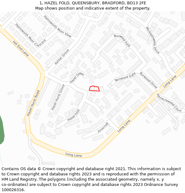 1, HAZEL FOLD, QUEENSBURY, BRADFORD, BD13 2FE: Location map and indicative extent of plot