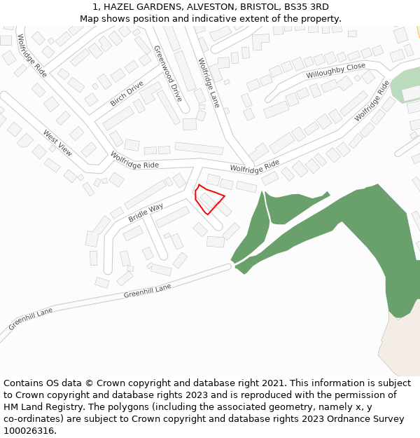 1, HAZEL GARDENS, ALVESTON, BRISTOL, BS35 3RD: Location map and indicative extent of plot