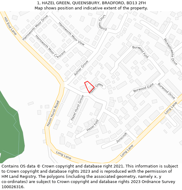 1, HAZEL GREEN, QUEENSBURY, BRADFORD, BD13 2FH: Location map and indicative extent of plot