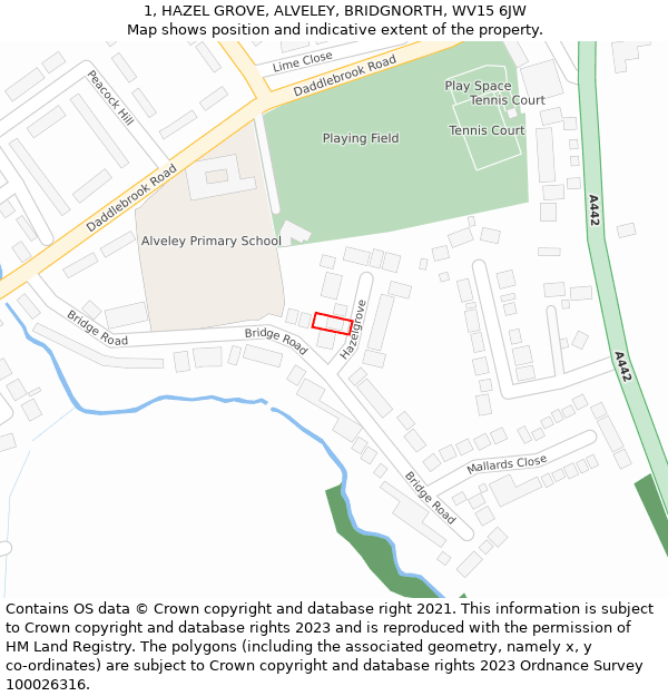 1, HAZEL GROVE, ALVELEY, BRIDGNORTH, WV15 6JW: Location map and indicative extent of plot