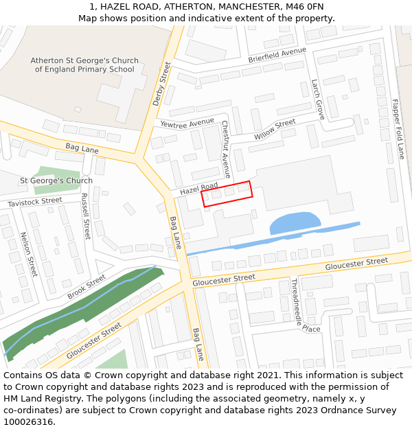 1, HAZEL ROAD, ATHERTON, MANCHESTER, M46 0FN: Location map and indicative extent of plot