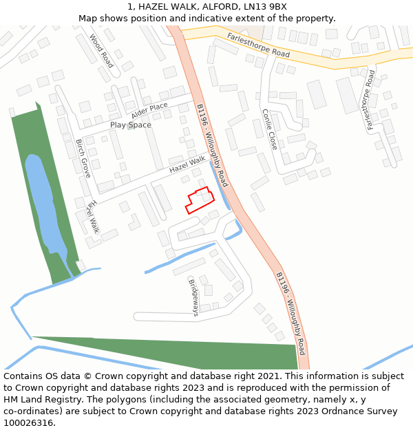 1, HAZEL WALK, ALFORD, LN13 9BX: Location map and indicative extent of plot