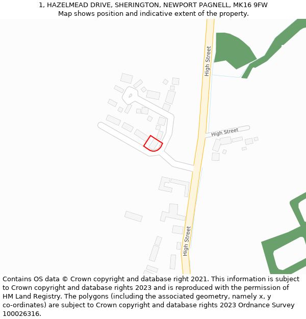 1, HAZELMEAD DRIVE, SHERINGTON, NEWPORT PAGNELL, MK16 9FW: Location map and indicative extent of plot