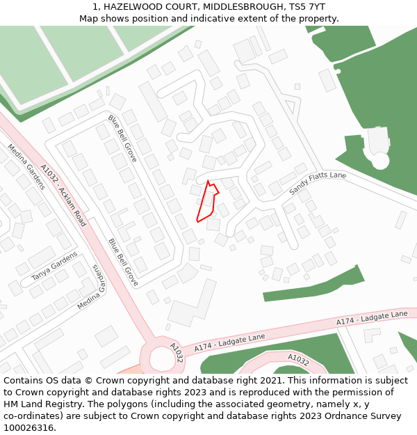 1, HAZELWOOD COURT, MIDDLESBROUGH, TS5 7YT: Location map and indicative extent of plot