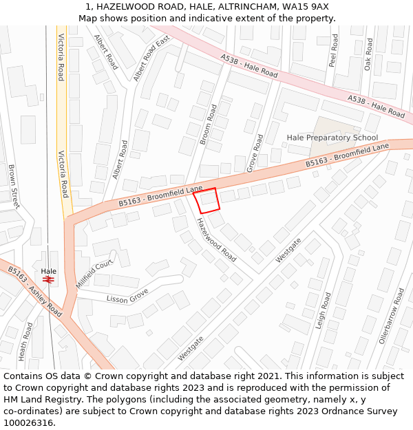 1, HAZELWOOD ROAD, HALE, ALTRINCHAM, WA15 9AX: Location map and indicative extent of plot