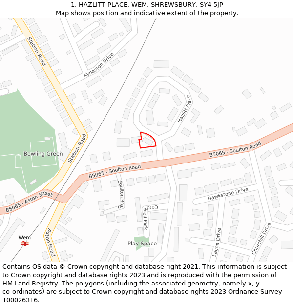 1, HAZLITT PLACE, WEM, SHREWSBURY, SY4 5JP: Location map and indicative extent of plot