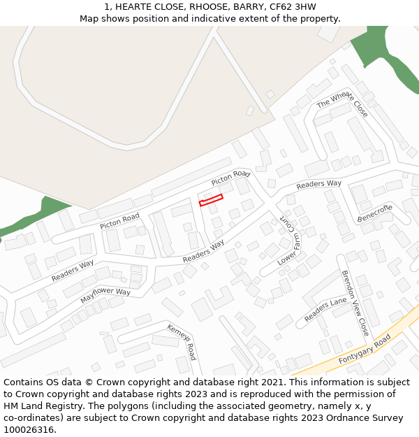 1, HEARTE CLOSE, RHOOSE, BARRY, CF62 3HW: Location map and indicative extent of plot