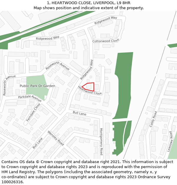 1, HEARTWOOD CLOSE, LIVERPOOL, L9 8HR: Location map and indicative extent of plot