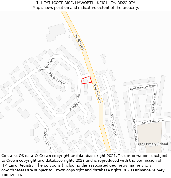 1, HEATHCOTE RISE, HAWORTH, KEIGHLEY, BD22 0TA: Location map and indicative extent of plot