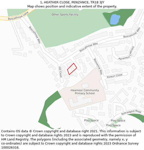 1, HEATHER CLOSE, PENZANCE, TR18 3JY: Location map and indicative extent of plot