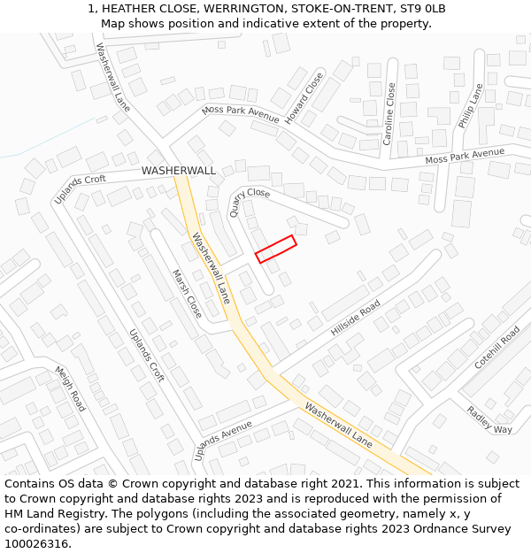 1, HEATHER CLOSE, WERRINGTON, STOKE-ON-TRENT, ST9 0LB: Location map and indicative extent of plot