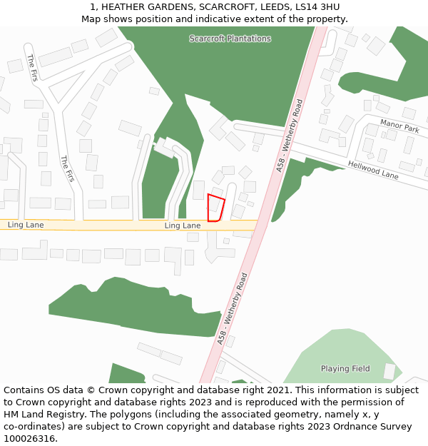 1, HEATHER GARDENS, SCARCROFT, LEEDS, LS14 3HU: Location map and indicative extent of plot