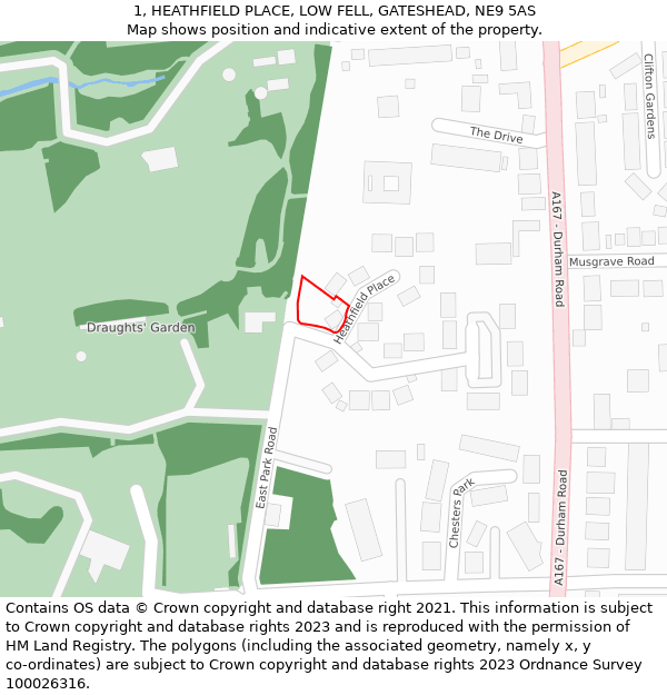 1, HEATHFIELD PLACE, LOW FELL, GATESHEAD, NE9 5AS: Location map and indicative extent of plot
