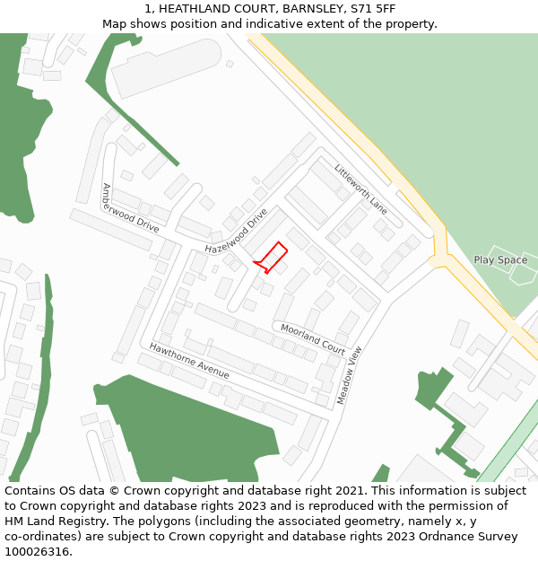1, HEATHLAND COURT, BARNSLEY, S71 5FF: Location map and indicative extent of plot