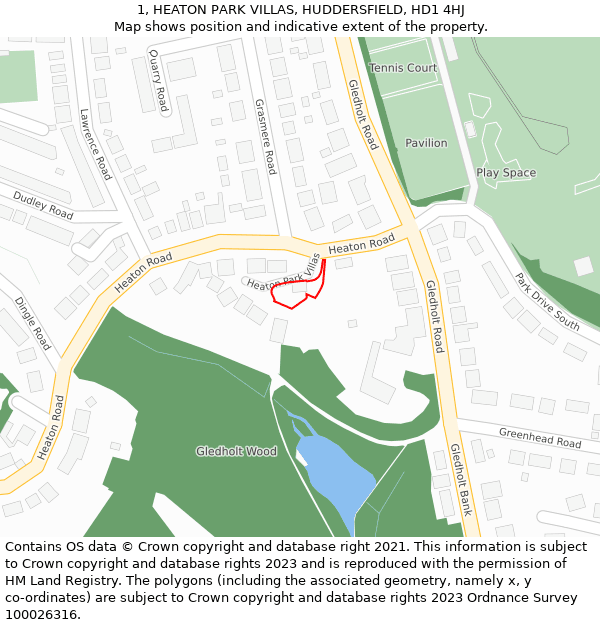 1, HEATON PARK VILLAS, HUDDERSFIELD, HD1 4HJ: Location map and indicative extent of plot