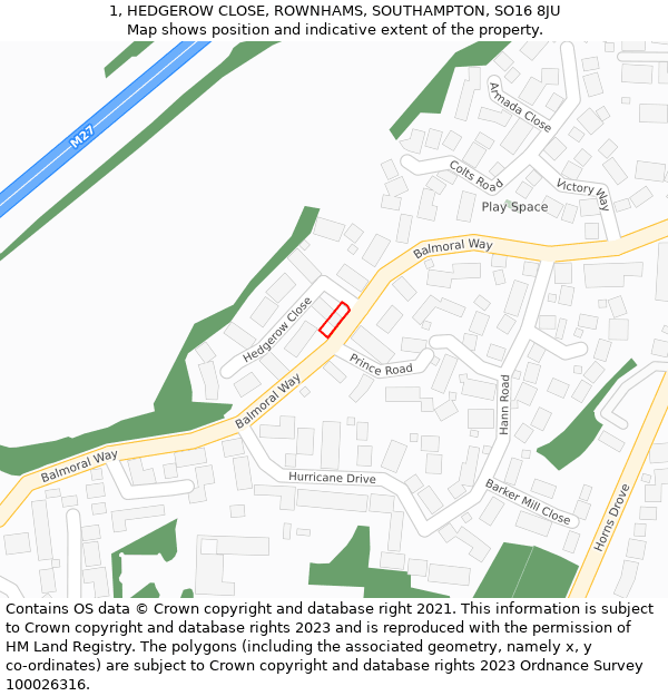 1, HEDGEROW CLOSE, ROWNHAMS, SOUTHAMPTON, SO16 8JU: Location map and indicative extent of plot