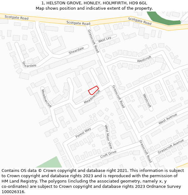 1, HELSTON GROVE, HONLEY, HOLMFIRTH, HD9 6GL: Location map and indicative extent of plot