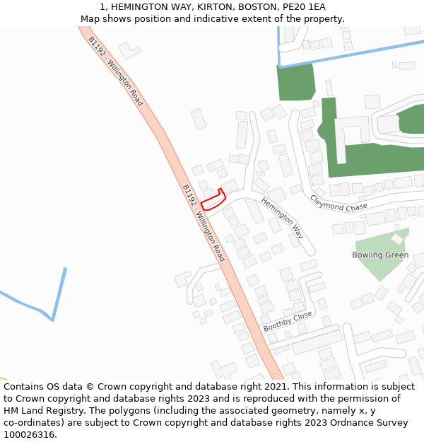 1, HEMINGTON WAY, KIRTON, BOSTON, PE20 1EA: Location map and indicative extent of plot