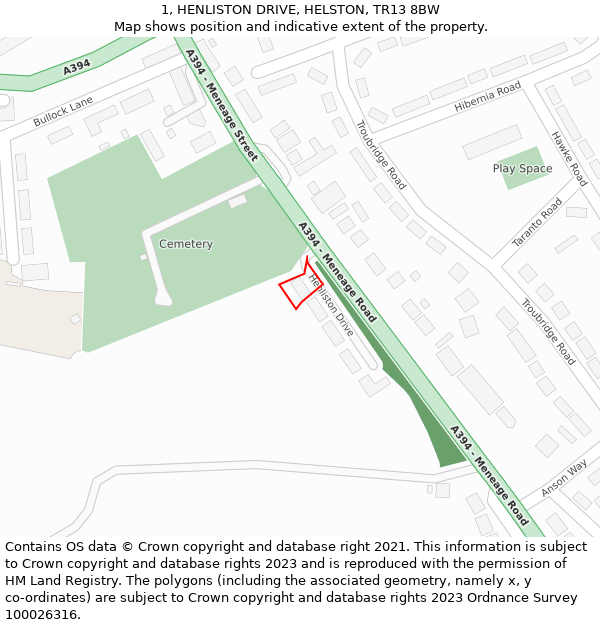 1, HENLISTON DRIVE, HELSTON, TR13 8BW: Location map and indicative extent of plot