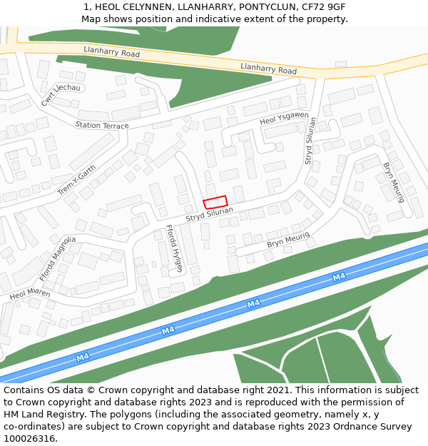 1, HEOL CELYNNEN, LLANHARRY, PONTYCLUN, CF72 9GF: Location map and indicative extent of plot