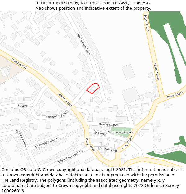 1, HEOL CROES FAEN, NOTTAGE, PORTHCAWL, CF36 3SW: Location map and indicative extent of plot