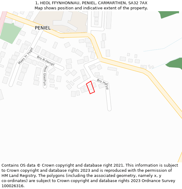 1, HEOL FFYNHONNAU, PENIEL, CARMARTHEN, SA32 7AX: Location map and indicative extent of plot