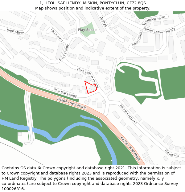 1, HEOL ISAF HENDY, MISKIN, PONTYCLUN, CF72 8QS: Location map and indicative extent of plot