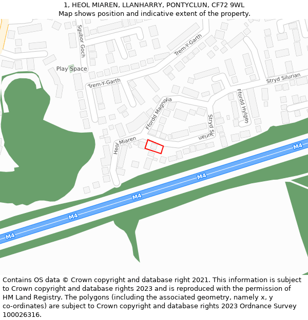 1, HEOL MIAREN, LLANHARRY, PONTYCLUN, CF72 9WL: Location map and indicative extent of plot