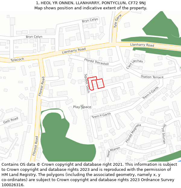 1, HEOL YR ONNEN, LLANHARRY, PONTYCLUN, CF72 9NJ: Location map and indicative extent of plot