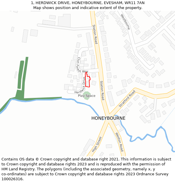 1, HERDWICK DRIVE, HONEYBOURNE, EVESHAM, WR11 7AN: Location map and indicative extent of plot