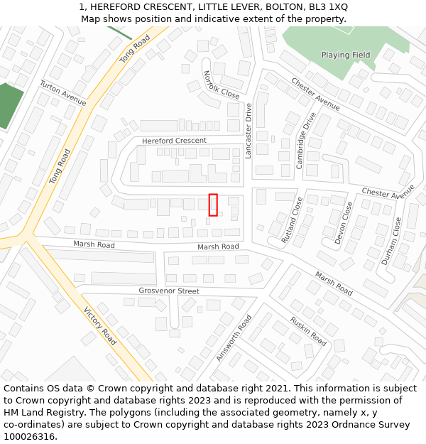 1, HEREFORD CRESCENT, LITTLE LEVER, BOLTON, BL3 1XQ: Location map and indicative extent of plot