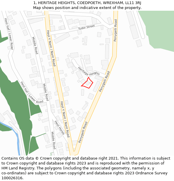 1, HERITAGE HEIGHTS, COEDPOETH, WREXHAM, LL11 3RJ: Location map and indicative extent of plot