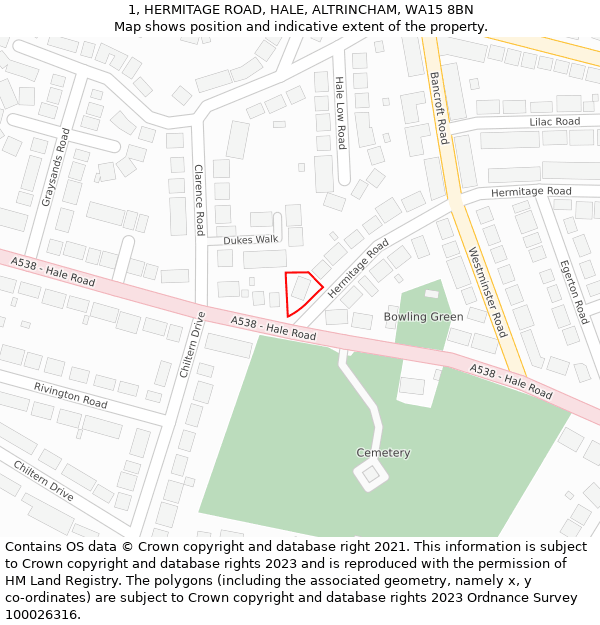 1, HERMITAGE ROAD, HALE, ALTRINCHAM, WA15 8BN: Location map and indicative extent of plot