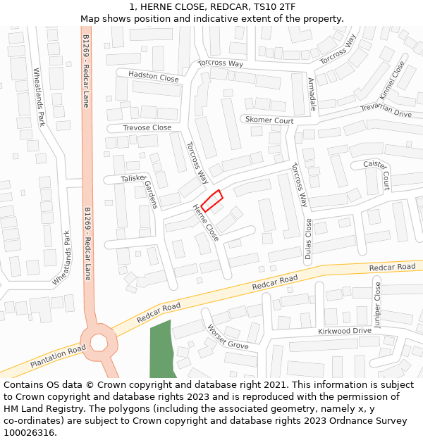 1, HERNE CLOSE, REDCAR, TS10 2TF: Location map and indicative extent of plot