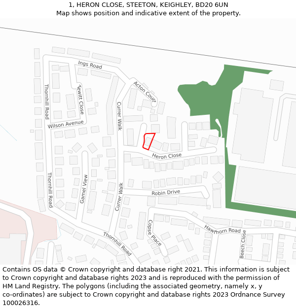 1, HERON CLOSE, STEETON, KEIGHLEY, BD20 6UN: Location map and indicative extent of plot