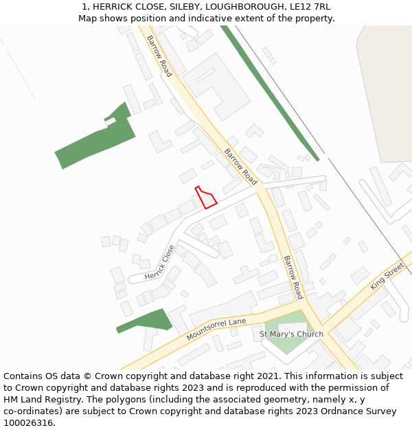 1, HERRICK CLOSE, SILEBY, LOUGHBOROUGH, LE12 7RL: Location map and indicative extent of plot