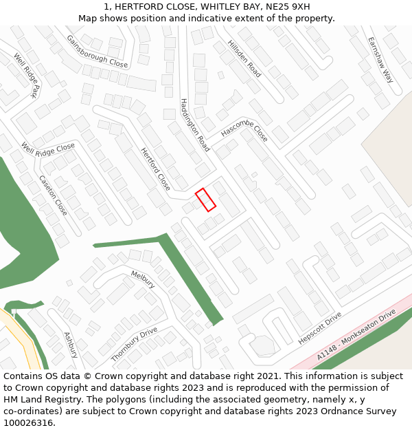 1, HERTFORD CLOSE, WHITLEY BAY, NE25 9XH: Location map and indicative extent of plot