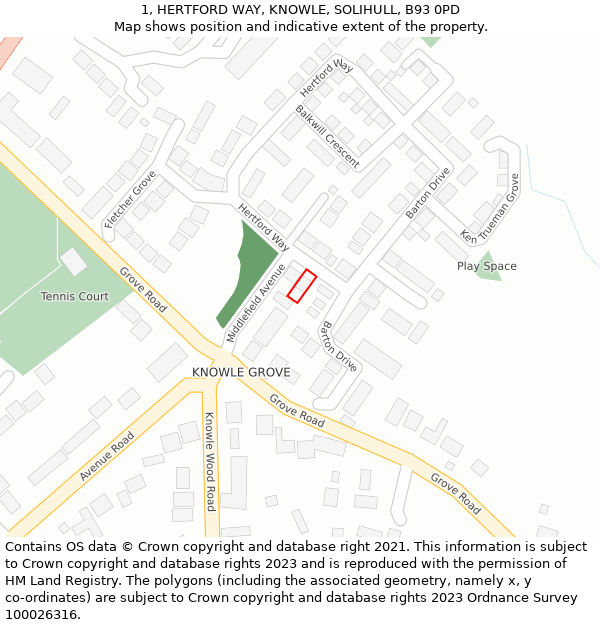 1, HERTFORD WAY, KNOWLE, SOLIHULL, B93 0PD: Location map and indicative extent of plot