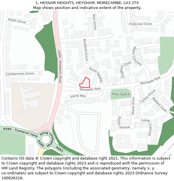 1, HESSAM HEIGHTS, HEYSHAM, MORECAMBE, LA3 2TX: Location map and indicative extent of plot