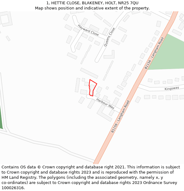 1, HETTIE CLOSE, BLAKENEY, HOLT, NR25 7QU: Location map and indicative extent of plot