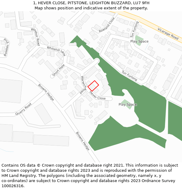 1, HEVER CLOSE, PITSTONE, LEIGHTON BUZZARD, LU7 9FH: Location map and indicative extent of plot