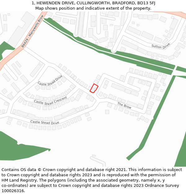 1, HEWENDEN DRIVE, CULLINGWORTH, BRADFORD, BD13 5FJ: Location map and indicative extent of plot