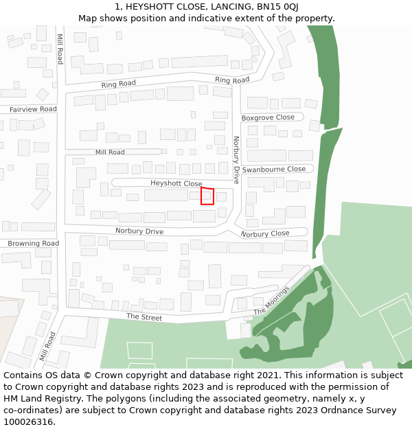 1, HEYSHOTT CLOSE, LANCING, BN15 0QJ: Location map and indicative extent of plot