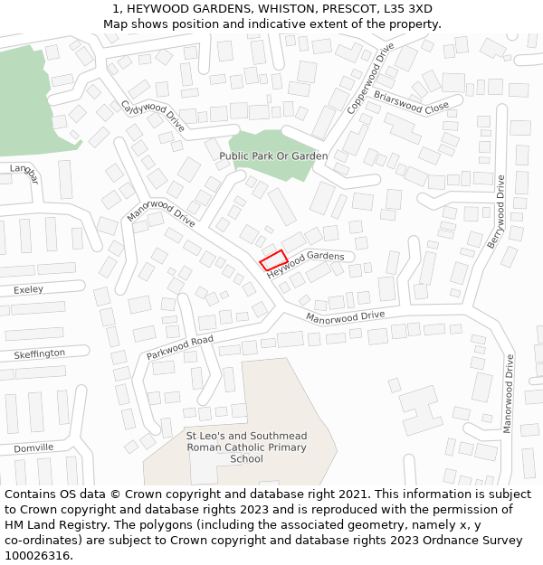1, HEYWOOD GARDENS, WHISTON, PRESCOT, L35 3XD: Location map and indicative extent of plot