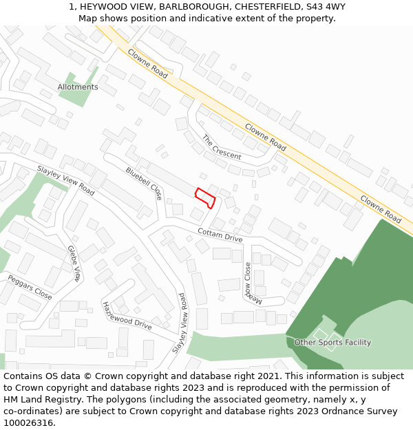 1, HEYWOOD VIEW, BARLBOROUGH, CHESTERFIELD, S43 4WY: Location map and indicative extent of plot