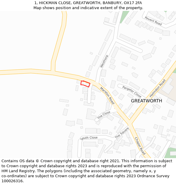 1, HICKMAN CLOSE, GREATWORTH, BANBURY, OX17 2FA: Location map and indicative extent of plot