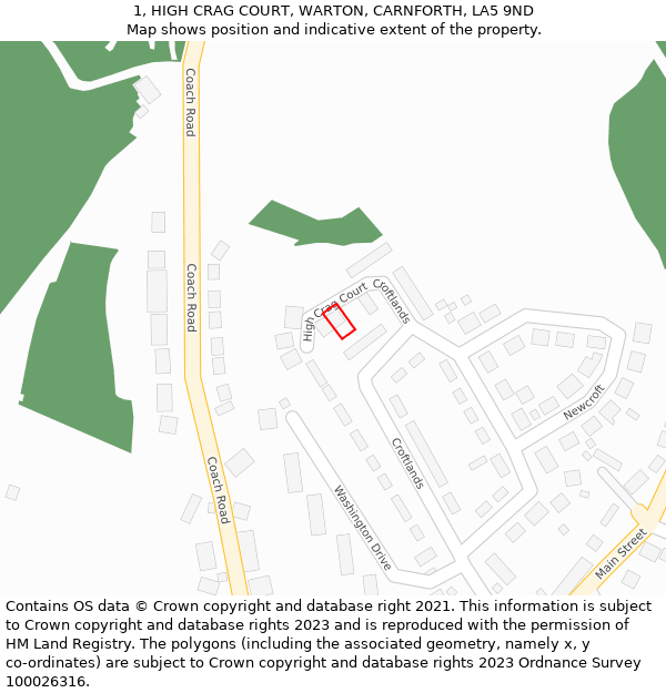 1, HIGH CRAG COURT, WARTON, CARNFORTH, LA5 9ND: Location map and indicative extent of plot