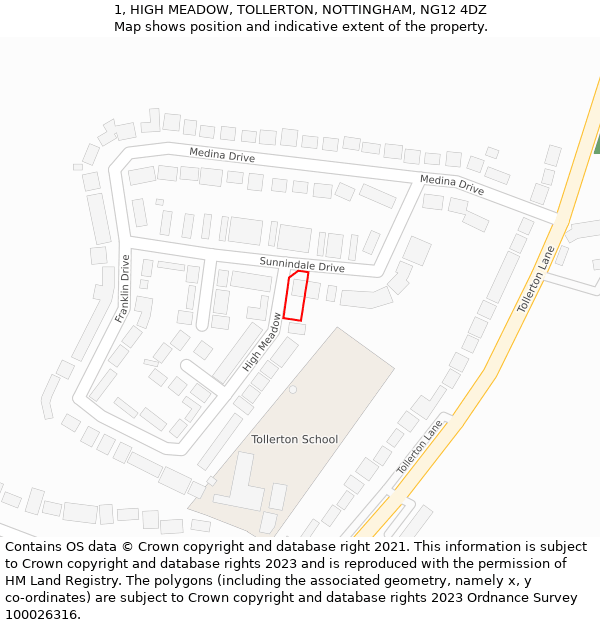 1, HIGH MEADOW, TOLLERTON, NOTTINGHAM, NG12 4DZ: Location map and indicative extent of plot